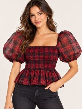 Smocked Plaid Peplum Top with Puff Sleeves - Red